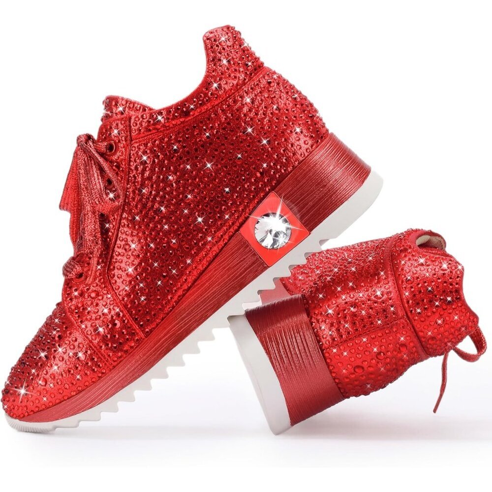 ⚡Women's Red Fashion Glitter Sneaker Platform Wedge Shoes Sparkly Rhinestone - Picture 4 of 5
